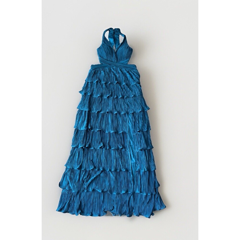 Lulus Beauty Icon Teal Satin Pleated Tiered Ruffle Lace Up Maxi Gown Dress XL